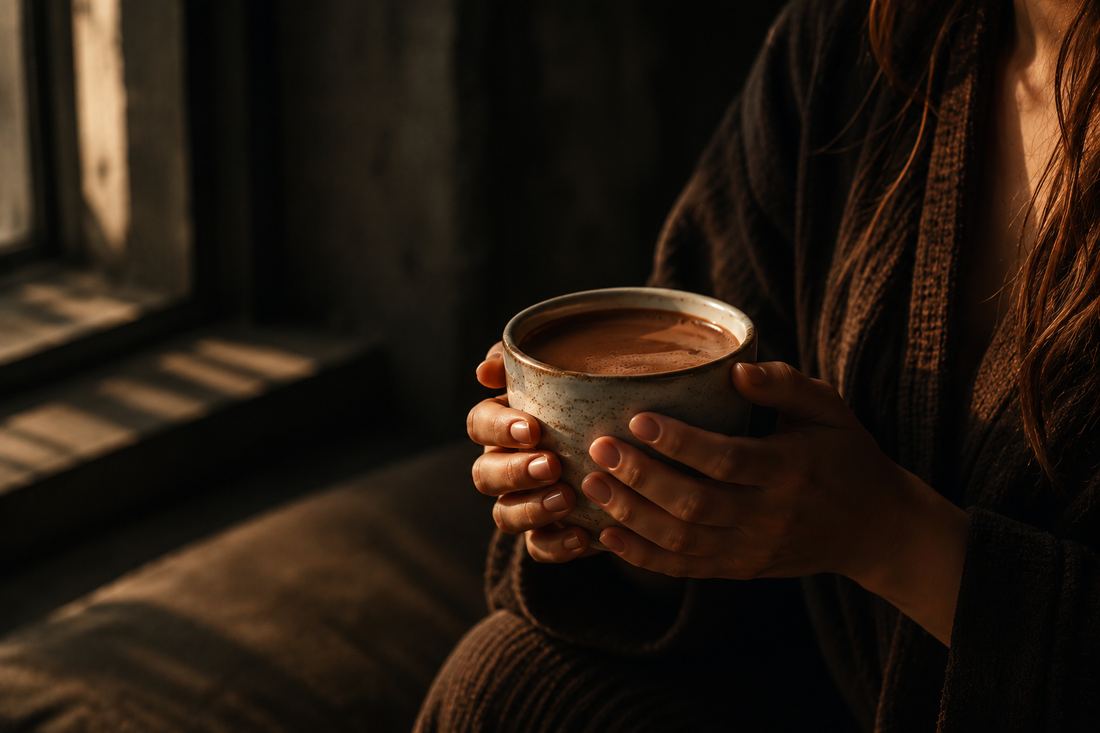 Frau mit einer Tasse zeremoniellem Rohkakao während ihres Zyklus in warmer natürlicher Atmosphäre