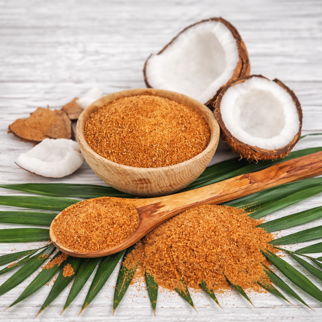 Mayan Gold Kokosblütenzucker im Holzlöffel und in der Holzschale